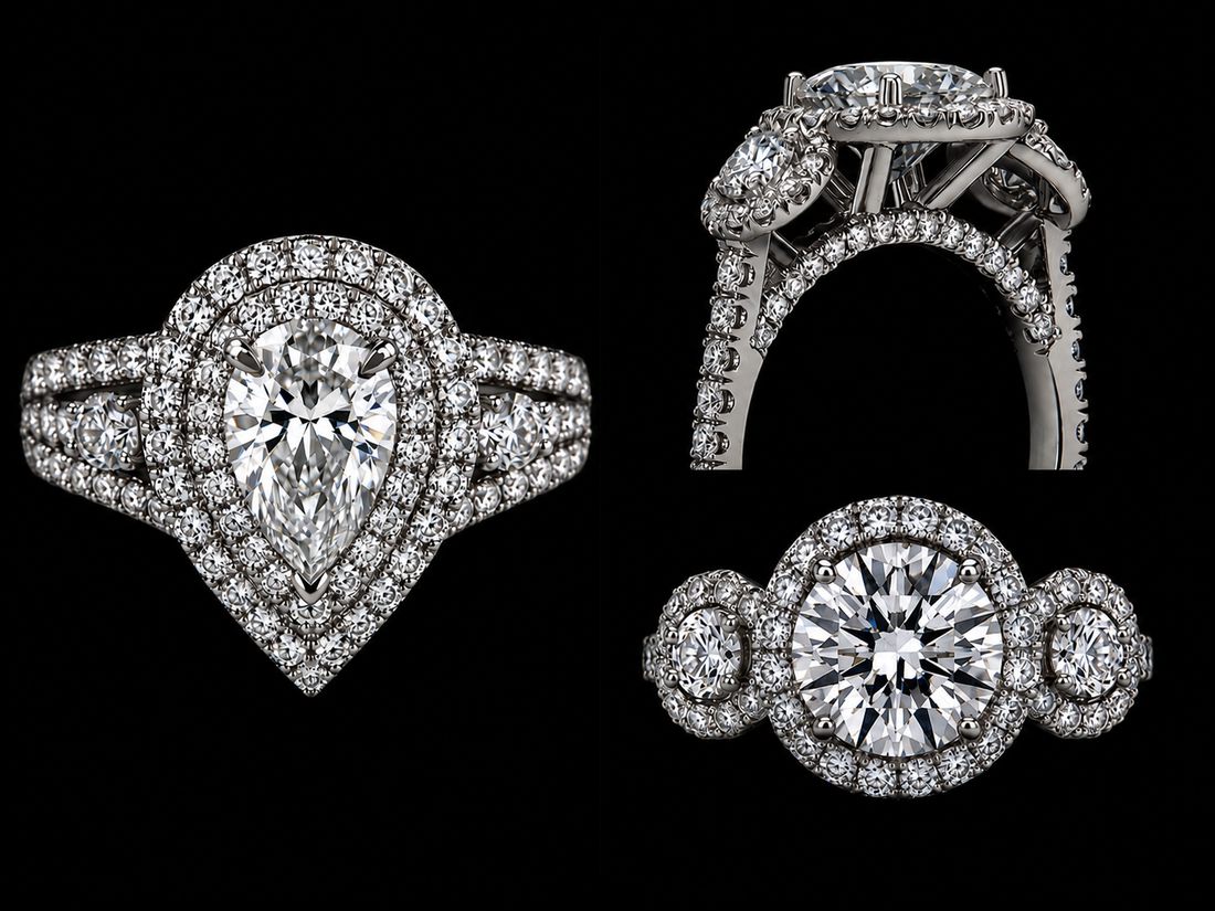 Pear-cut diamond halo ring shown from multiple angles