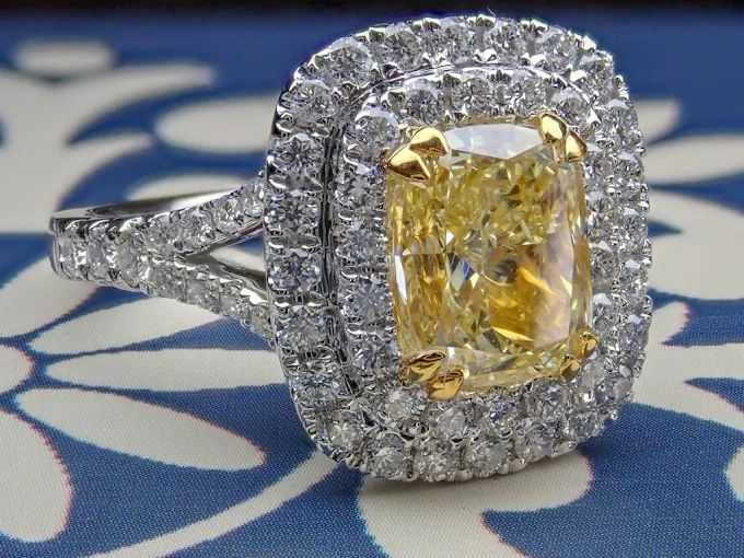 Stunning yellow cushion-cut diamond halo ring