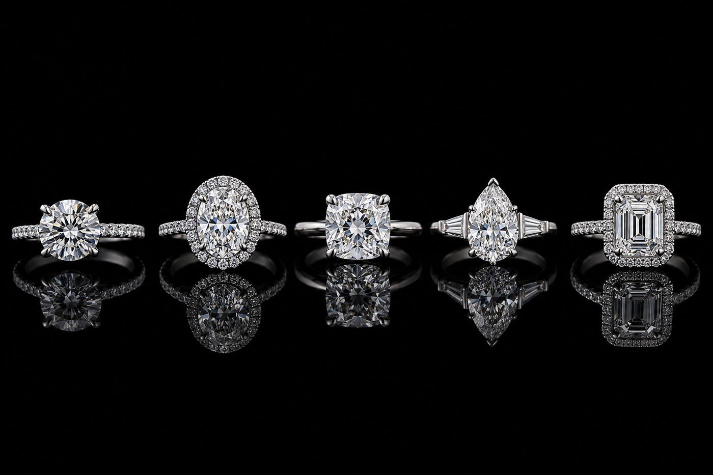 Five stunning diamond rings on black background